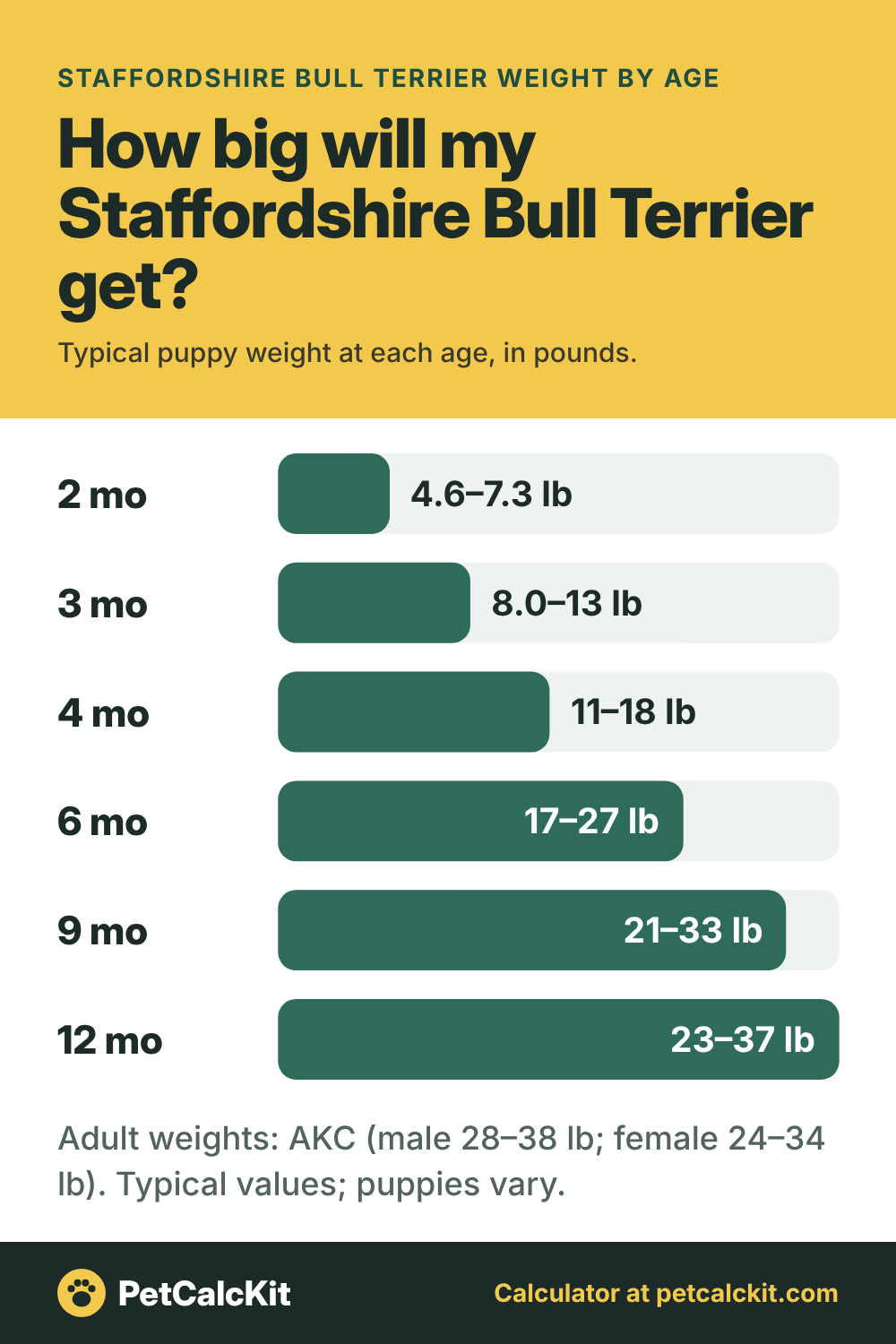 Staffordshire Bull Terrier puppy growth chart: typical weight by month